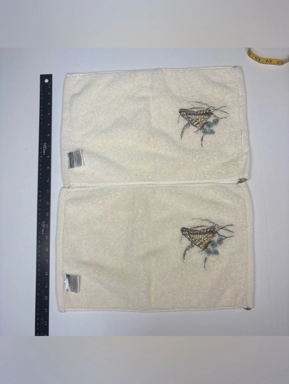 Croscill Butterfly Hand Towels Set of 2 Embroidered Cream Brown Blue Cottagecore